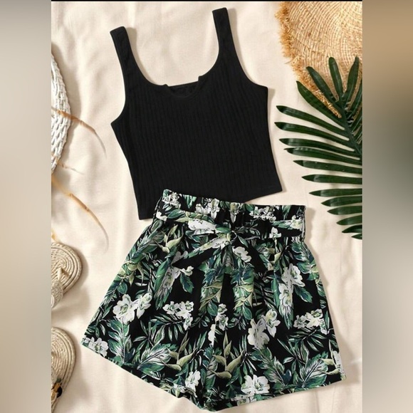 Teen Girls Rib Knit Tank Top & Tropical Print Shorts Set - Picture 3 of 7